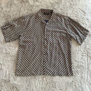 Brandini Men’s XXL 100% Silk Button-Down Shirt Black Beige Geometric Print Aloha